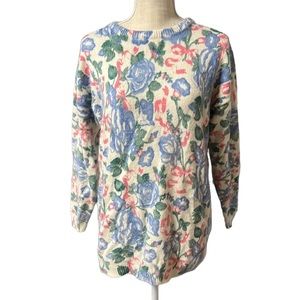 Vintage Partners Long Sleeve Sweater White Pink Blue Floral Silk Blend Womens S